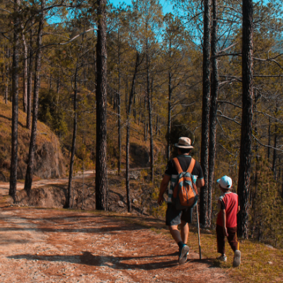A parent and child hiking on a trail
